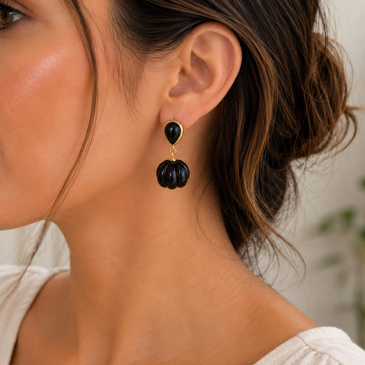 Black Onyx Pumpkin Carving Earrings- 18k Gold Plated Over 925 Sterling Silver