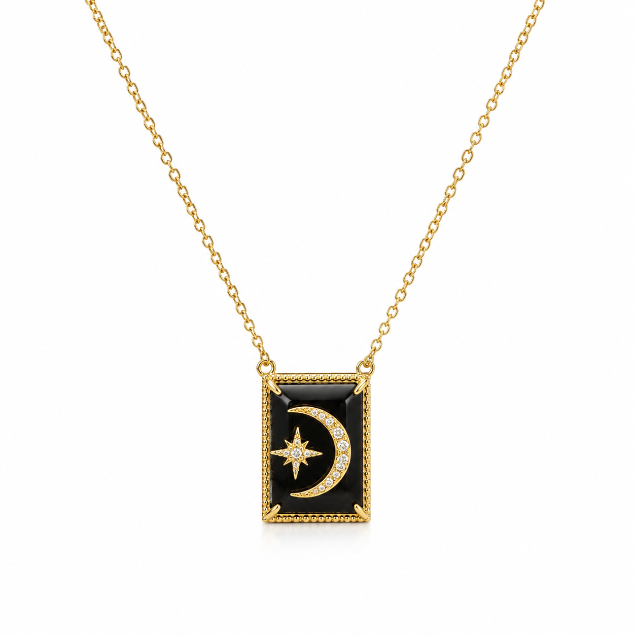 Black Onyx and White Topaz Crescent Necklace- 18k Gold Plated over 925 Sterling Silver