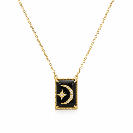 Black Onyx and White Topaz Crescent Necklace- 18k Gold Plated over 925 Sterling Silver