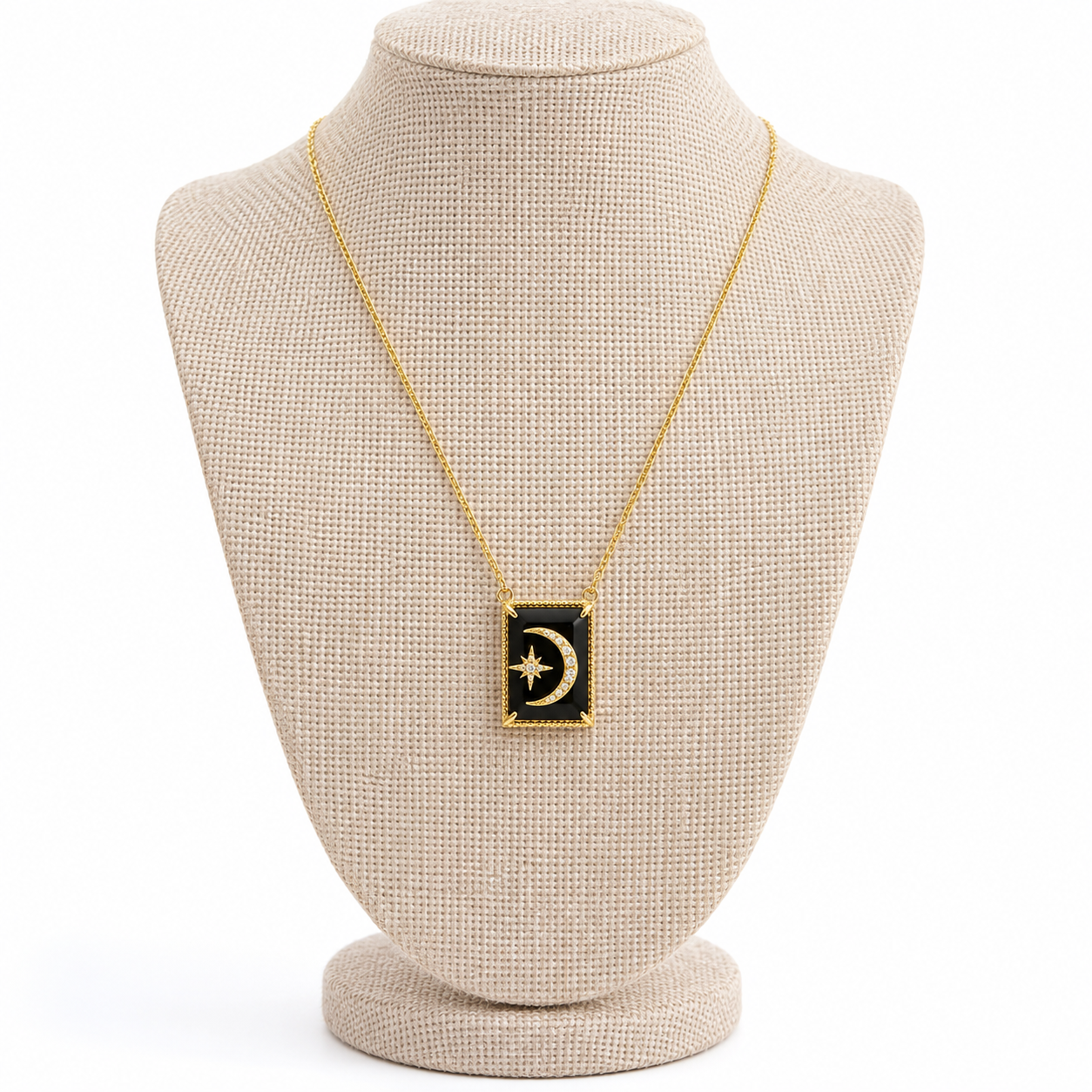 Black Onyx and White Topaz Crescent Necklace- 18k Gold Plated over 925 Sterling Silver