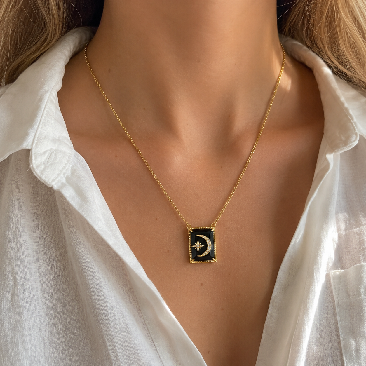 Black Onyx and White Topaz Crescent Necklace- 18k Gold Plated over 925 Sterling Silver
