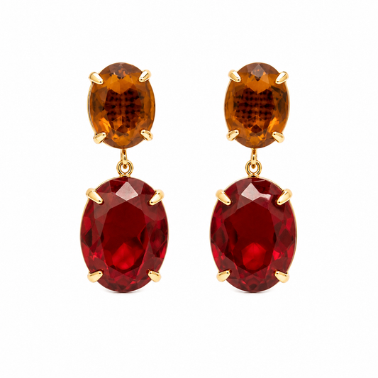 Red Garnet and Citrine Earrings- 18k Gold Plated over 925 Sterling Silver