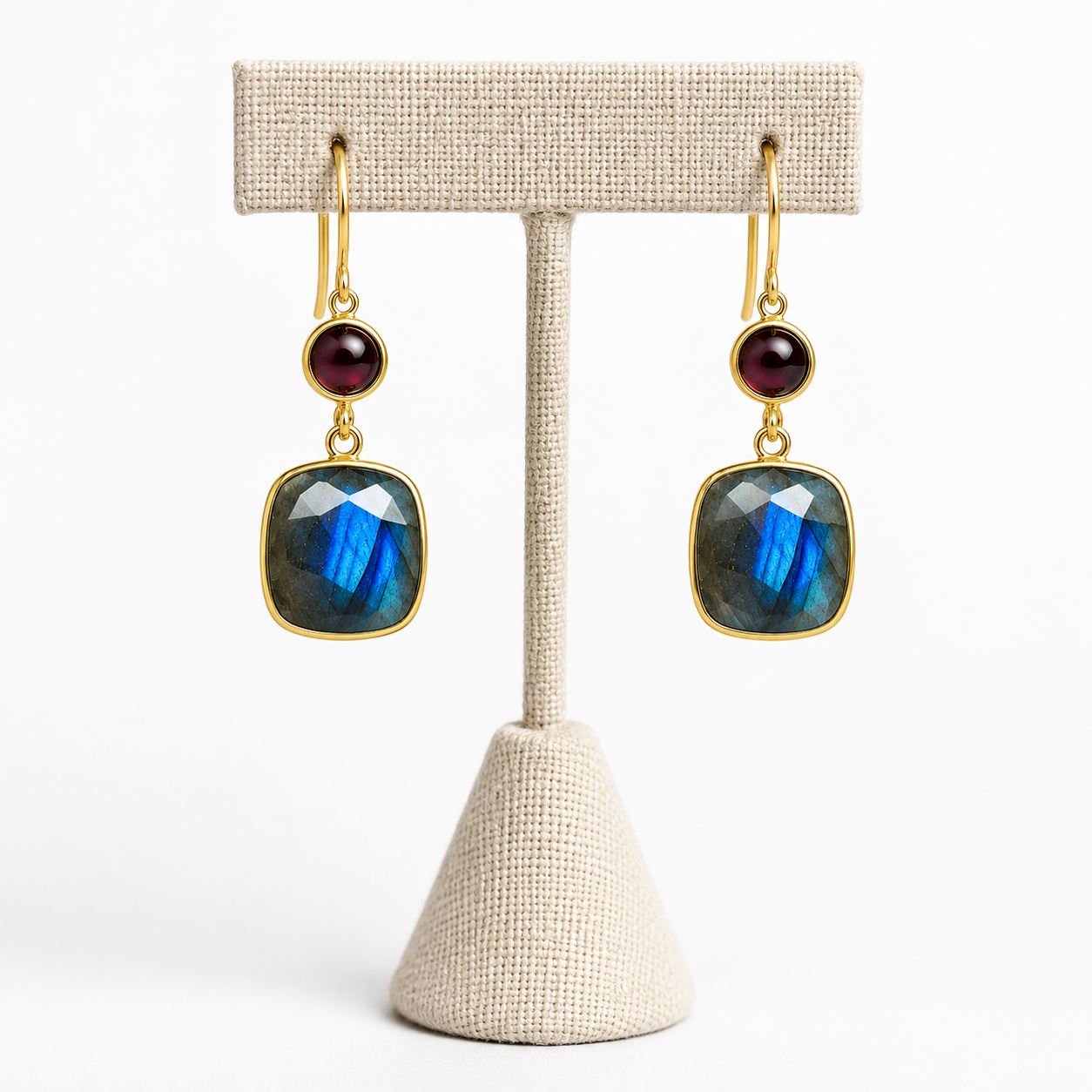 Red Garnet & Labradorite Drop Earrings – 18k Gold Plated Over 925 Sterling Silver
