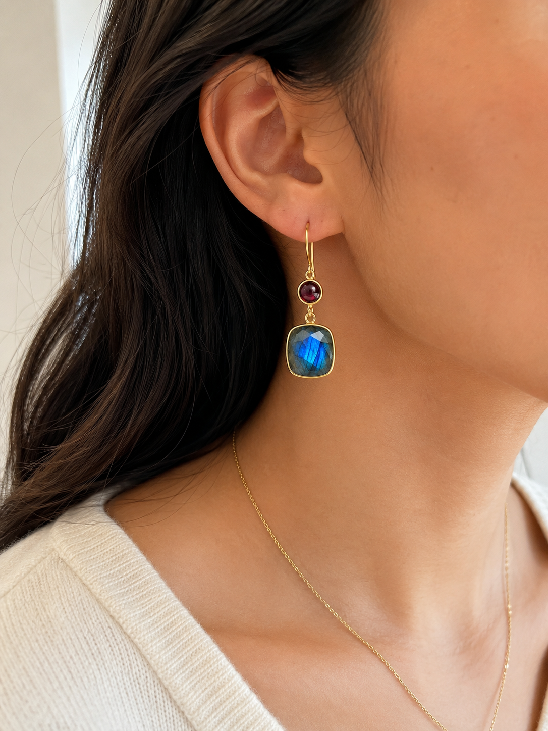 Red Garnet & Labradorite Drop Earrings – 18k Gold Plated Over 925 Sterling Silver
