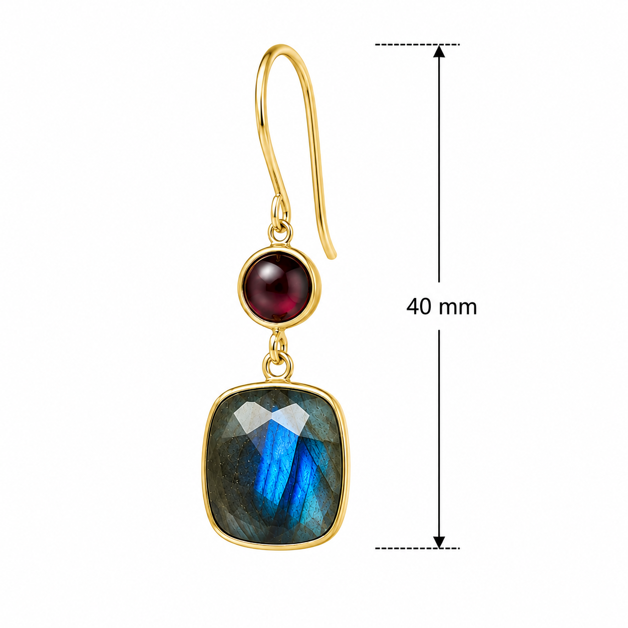 Red Garnet & Labradorite Drop Earrings – 18k Gold Plated Over 925 Sterling Silver
