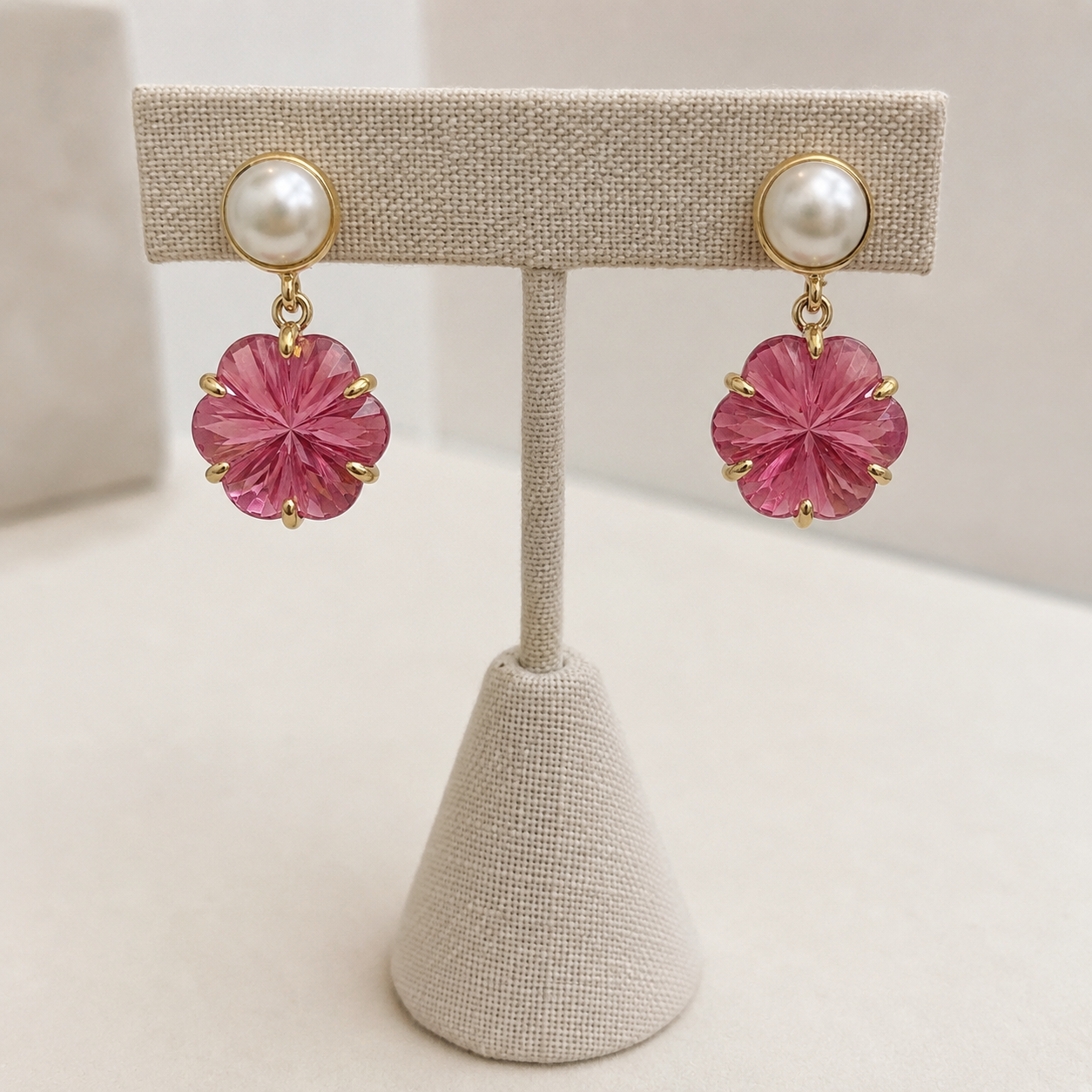 Pink Tourmaline and Freshwater Pearls- 18k Gold Plated over 925 Sterling Silver