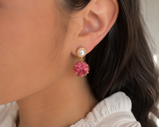 Pink Tourmaline and Freshwater Pearls- 18k Gold Plated over 925 Sterling Silver