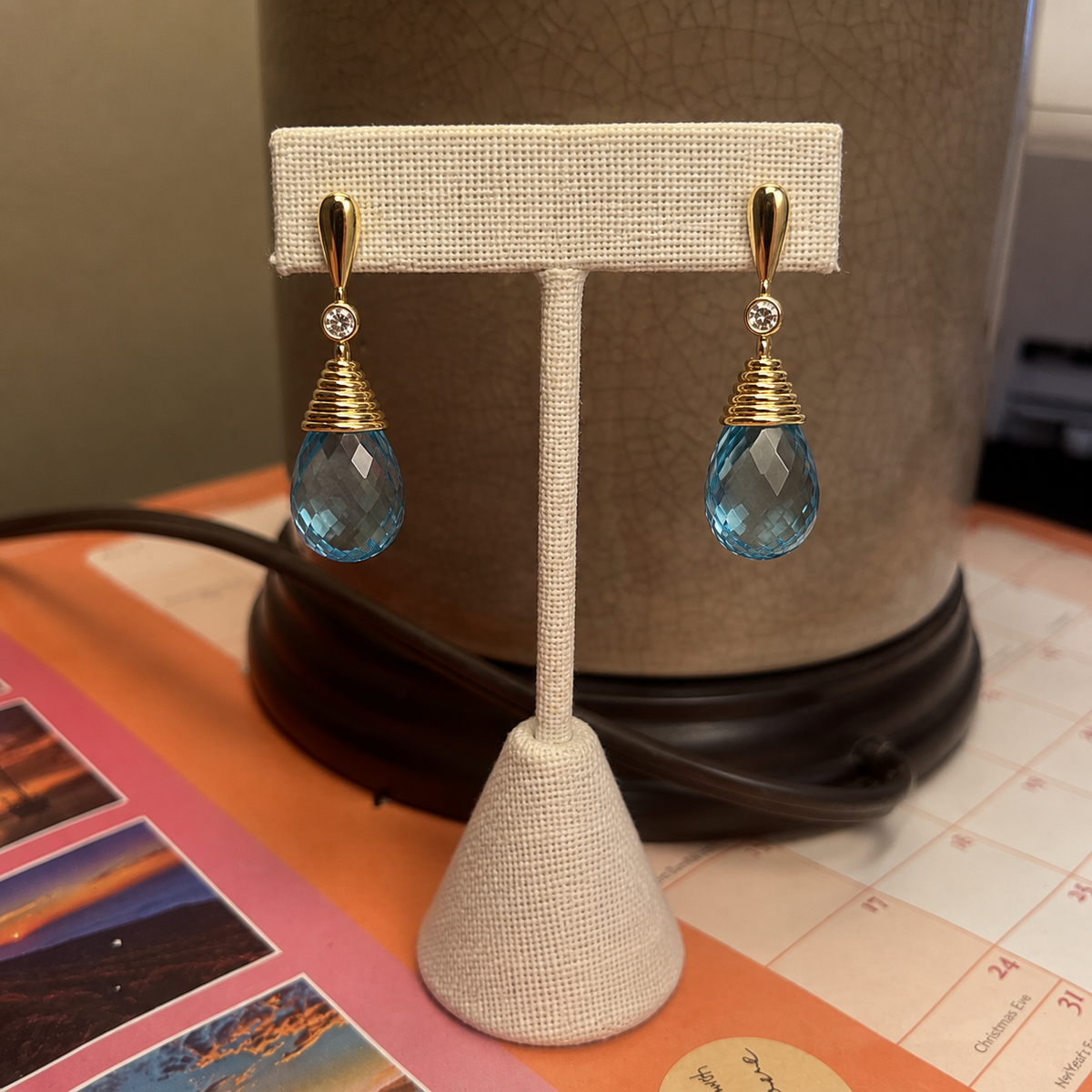 Blue Topaz and White Topaz Earrings- 18k Gold Plated Over 925 Sterling Silver