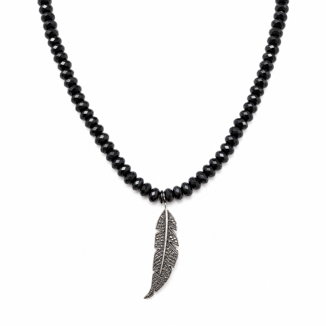 Black Onyx Gemstone Necklace with Pavé Diamonds on Feather Pendant