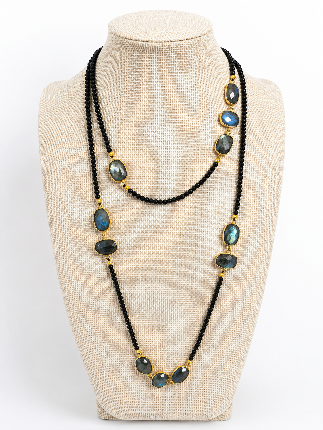 Black Onyx & Labradorite Station Necklace 925 Sterling Silver 18k Gold Plated