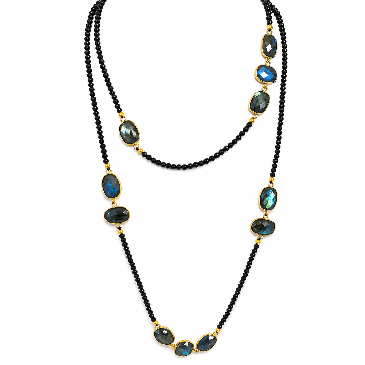 Black Onyx & Labradorite Station Necklace 925 Sterling Silver 18k Gold Plated
