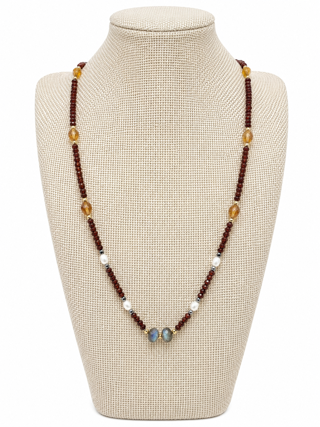 Red Garnet, Labradorite, Citrine & Freshwater Pearl Necklace in 925 Sterling Silver & 18k Gold Filled