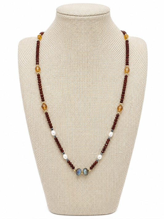 Red Garnet, Labradorite, Citrine & Freshwater Pearl Necklace-Gold Filled Accents
