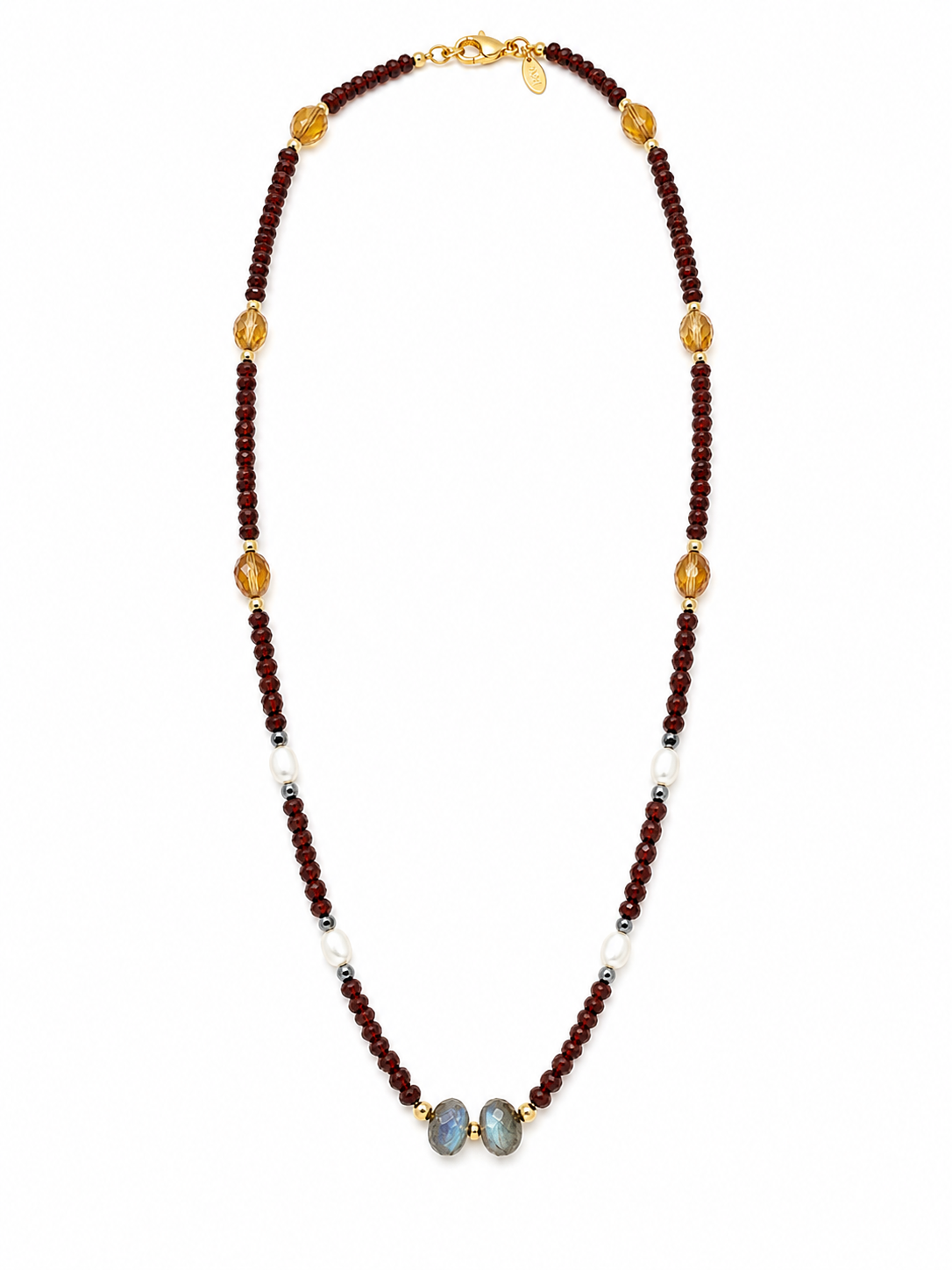 Red Garnet, Labradorite, Citrine & Freshwater Pearl Necklace in 925 Sterling Silver & 18k Gold Filled
