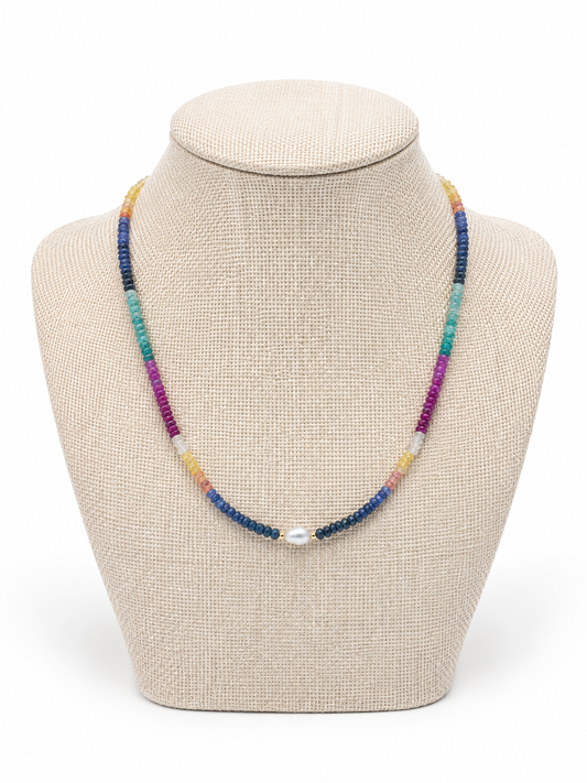 Multi Sapphire, Green Emerald & Baroque Pearl Necklace- Gold Filled Lobster Clasp