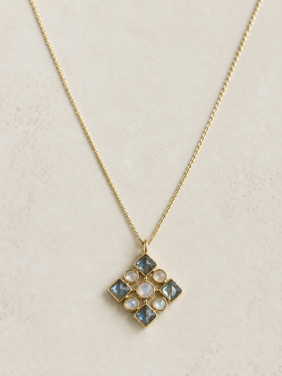 Green Apatite & Rainbow Moonstone Necklace- 18k Gold Filled Chain over 925 Sterling Silver