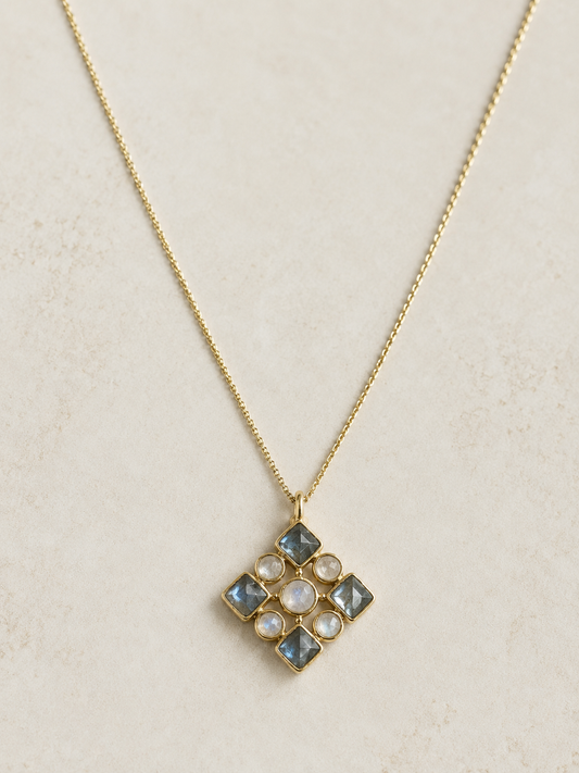 Green Apatite & Rainbow Moonstone Necklace- 18k Gold Plated Pendant over 925 Sterling Silver