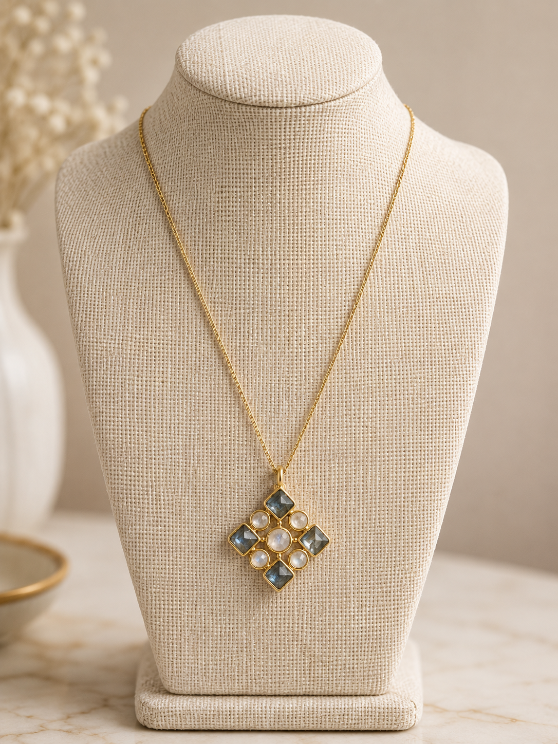 Green Apatite & Rainbow Moonstone Necklace- 18k Gold Filled Chain over 925 Sterling Silver