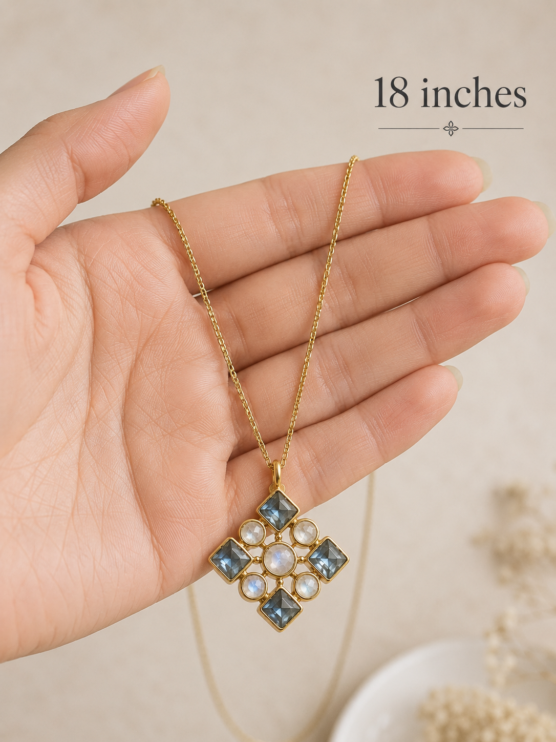 Green Apatite & Rainbow Moonstone Necklace- 18k Gold Filled Chain over 925 Sterling Silver