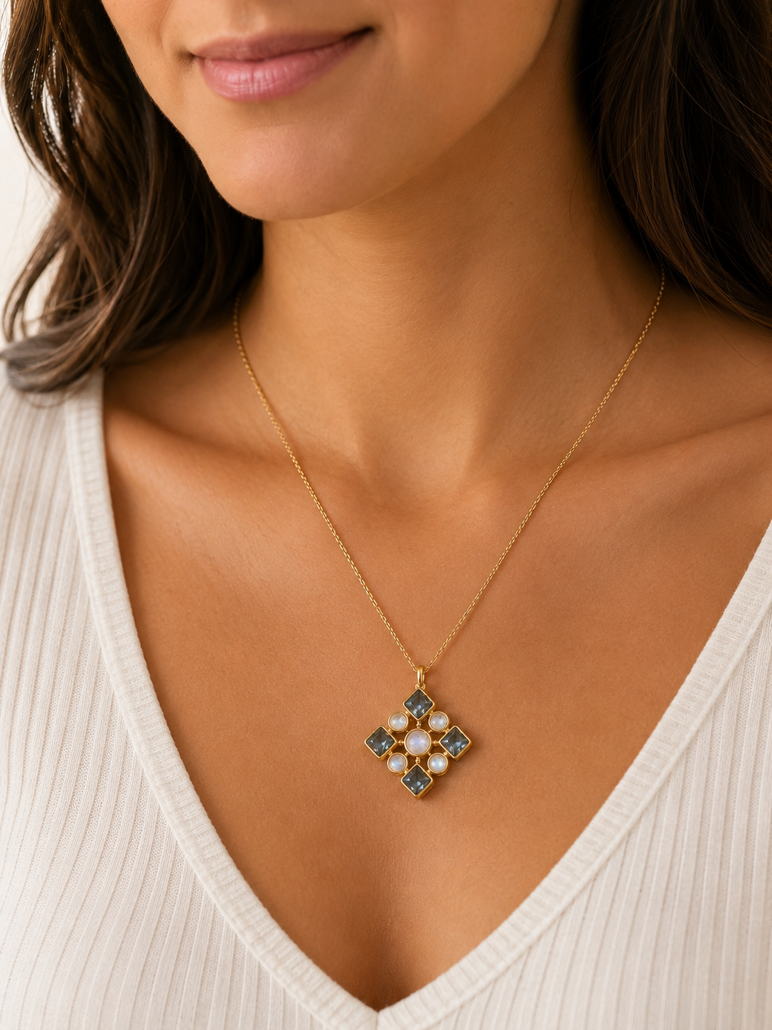 Green Apatite & Rainbow Moonstone Necklace- 18k Gold Filled Chain over 925 Sterling Silver