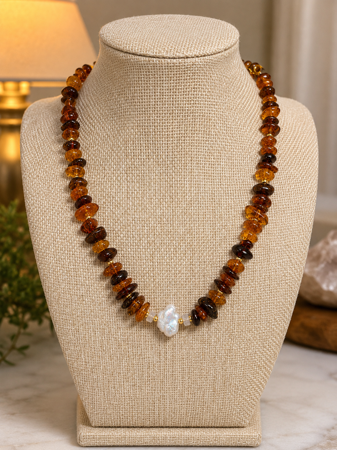 Amber, Baroque Pearls, and Rainbow Moonstone Necklace- Gold Filled Accents