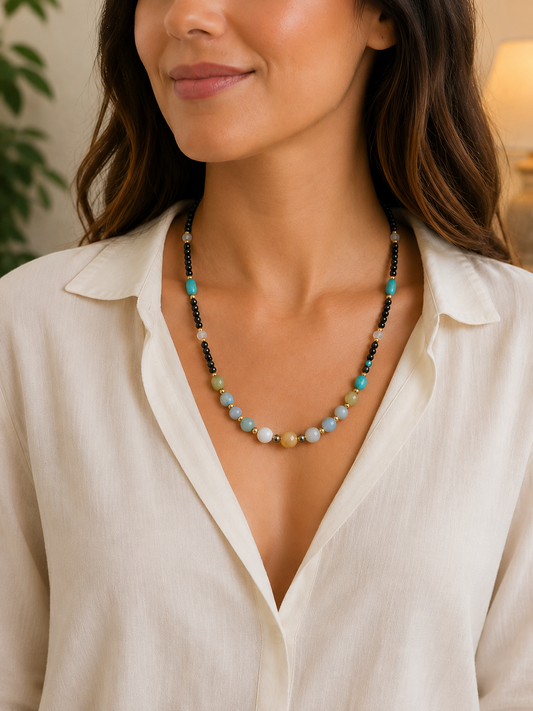 Hematite, Aquamarine, Arizona Turquoise & Rainbow Moonstone Necklace