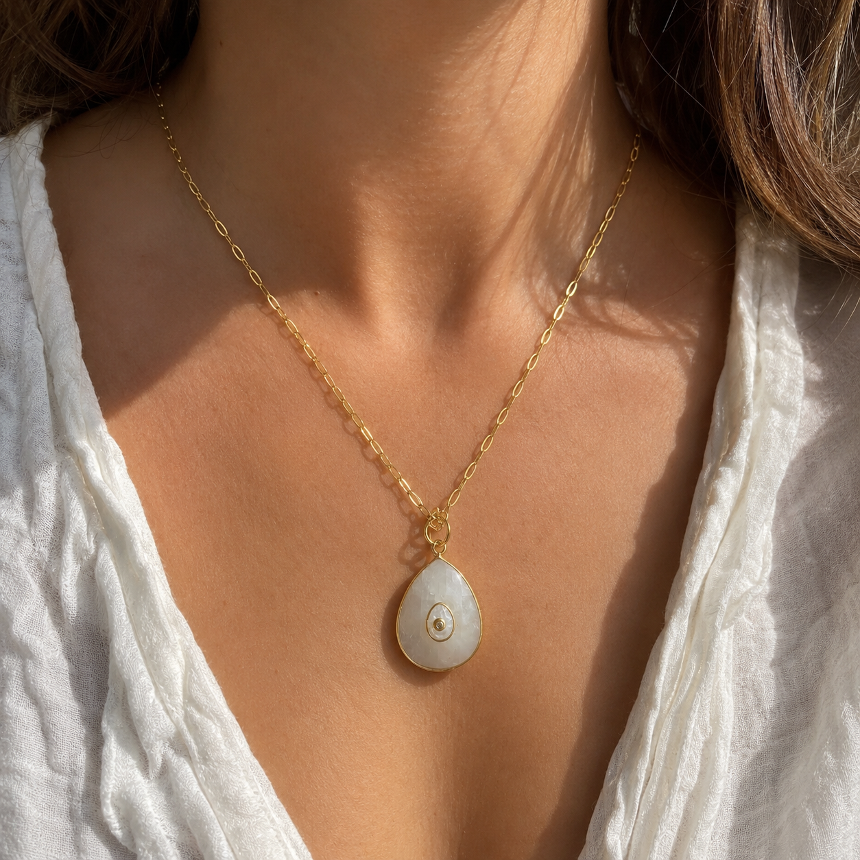 Rainbow Moonstone Bezel Setting Necklace- Gold Filled Chain