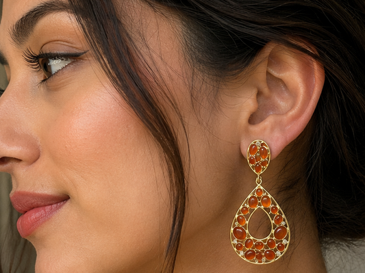Artisan Carnelian & White Topaz Teardrop Earrings 18k Gold over 925 Silver