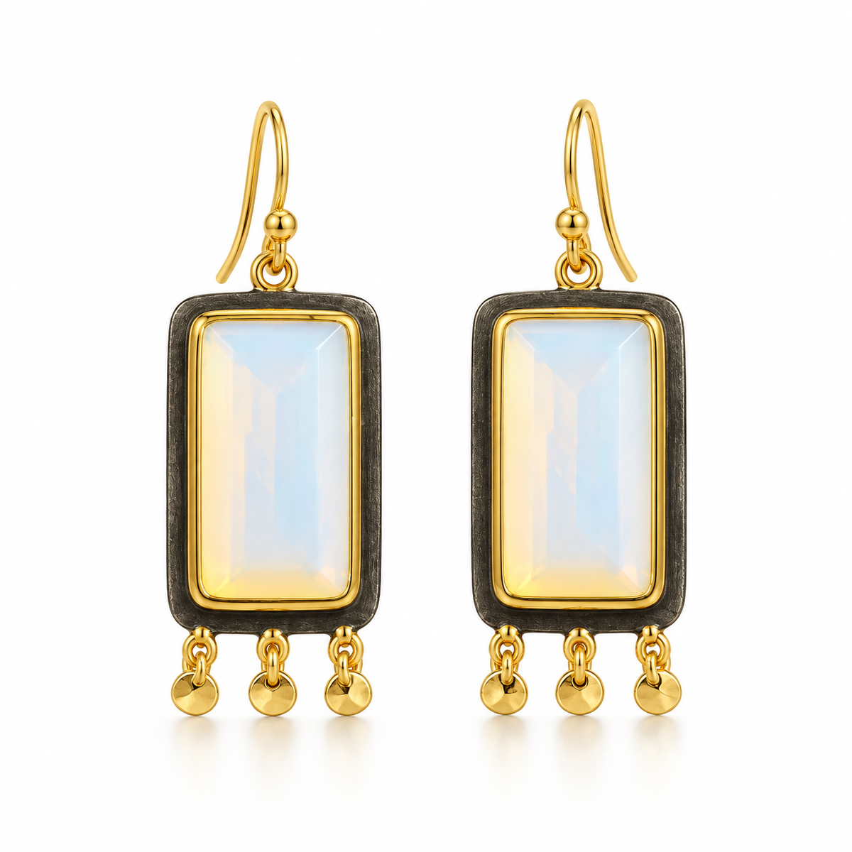 Fire Opal Rectangular Drop Earrings – Black Rhodium & 18K Gold Plated 925 Sterling Silver