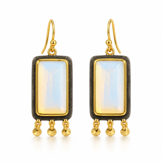 Fire Opal Rectangular Drop Earrings – Black Rhodium & 18K Gold Plated 925 Sterling Silver