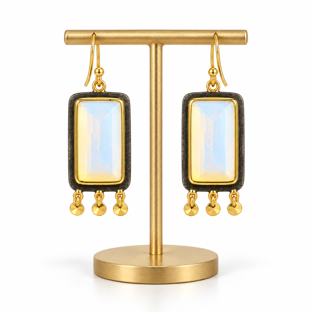 Fire Opal Rectangular Drop Earrings – Black Rhodium & 18K Gold Plated 925 Sterling Silver