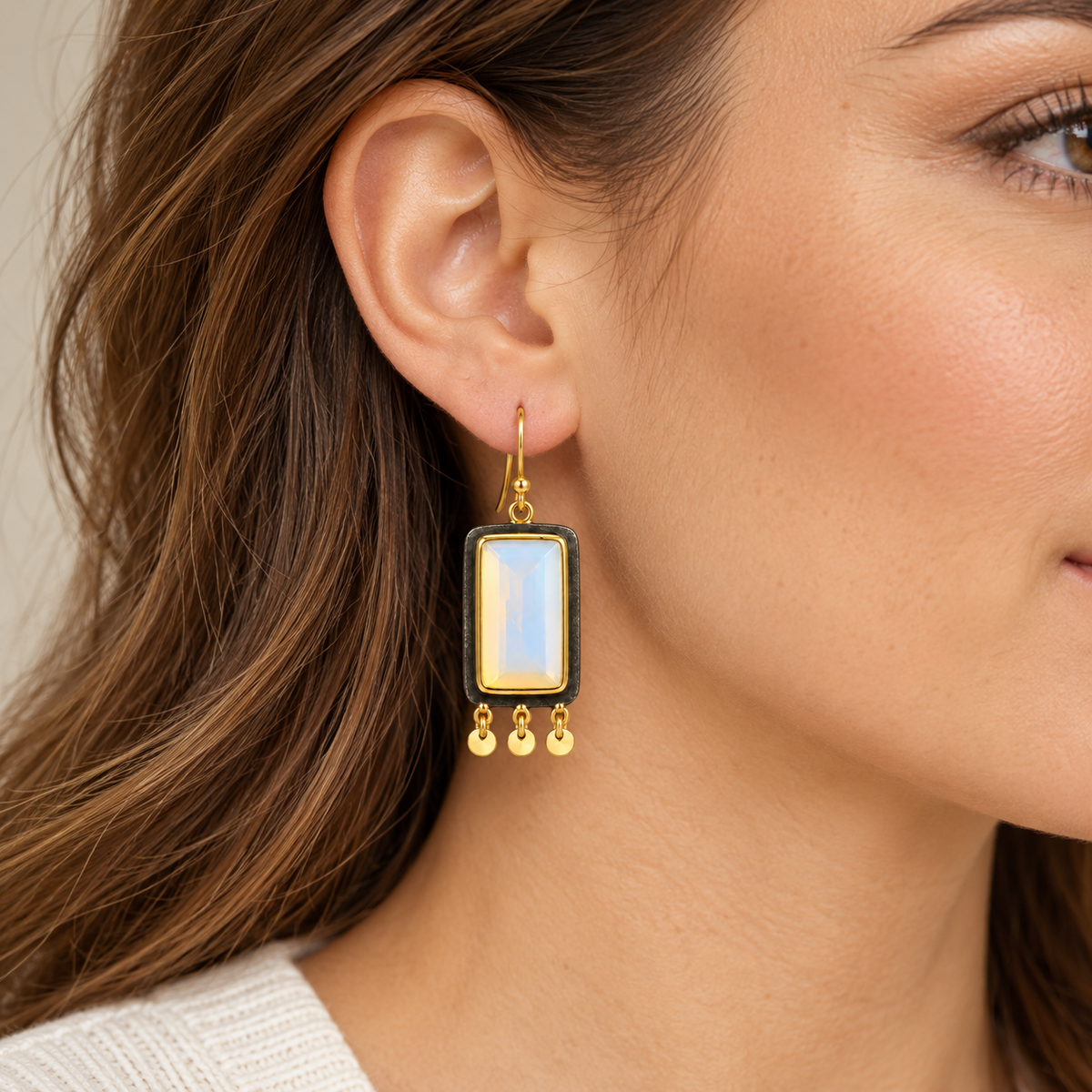 Fire Opal Rectangular Drop Earrings – Black Rhodium & 18K Gold Plated 925 Sterling Silver