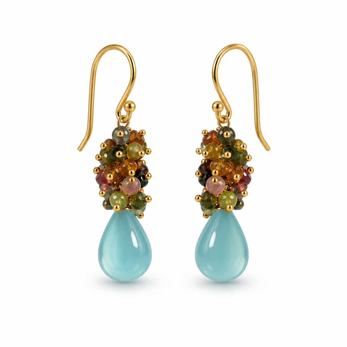 Aqua Chalcedony & Multi-Tourmaline Cluster Drop Earrings – 18K Gold Plated 925 Sterling Silver