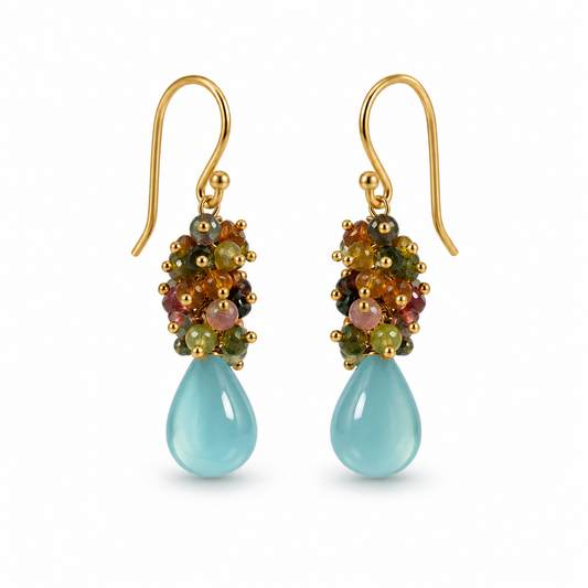 Aqua Chalcedony & Multi-Tourmaline Cluster Drop Earrings – 18K Gold Plated 925 Sterling Silver