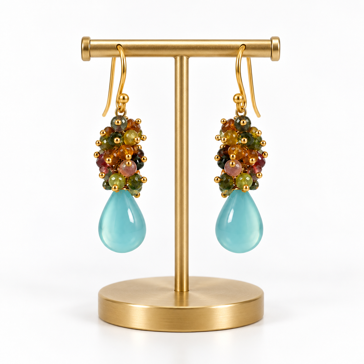 Aqua Chalcedony & Multi-Tourmaline Cluster Drop Earrings – 18K Gold Plated 925 Sterling Silver
