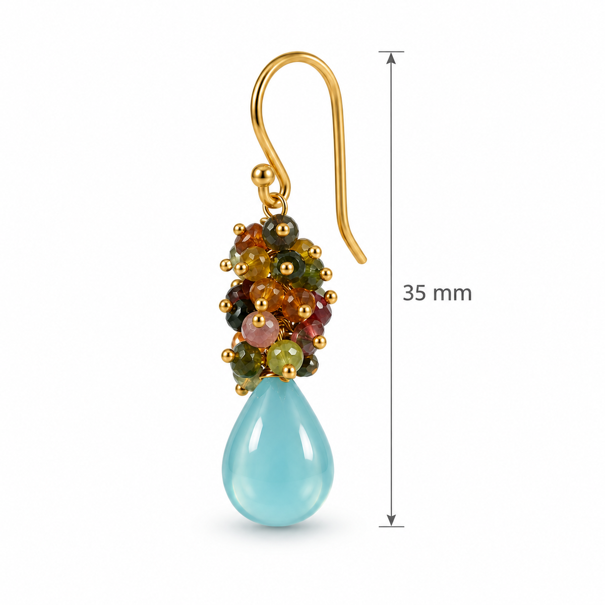 Aqua Chalcedony & Multi-Tourmaline Cluster Drop Earrings – 18K Gold Plated 925 Sterling Silver