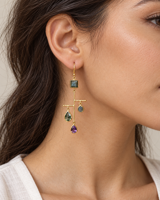 Amethyst and Labradorite Statement Earrings – 18K Gold Plated 925 Sterling Silver