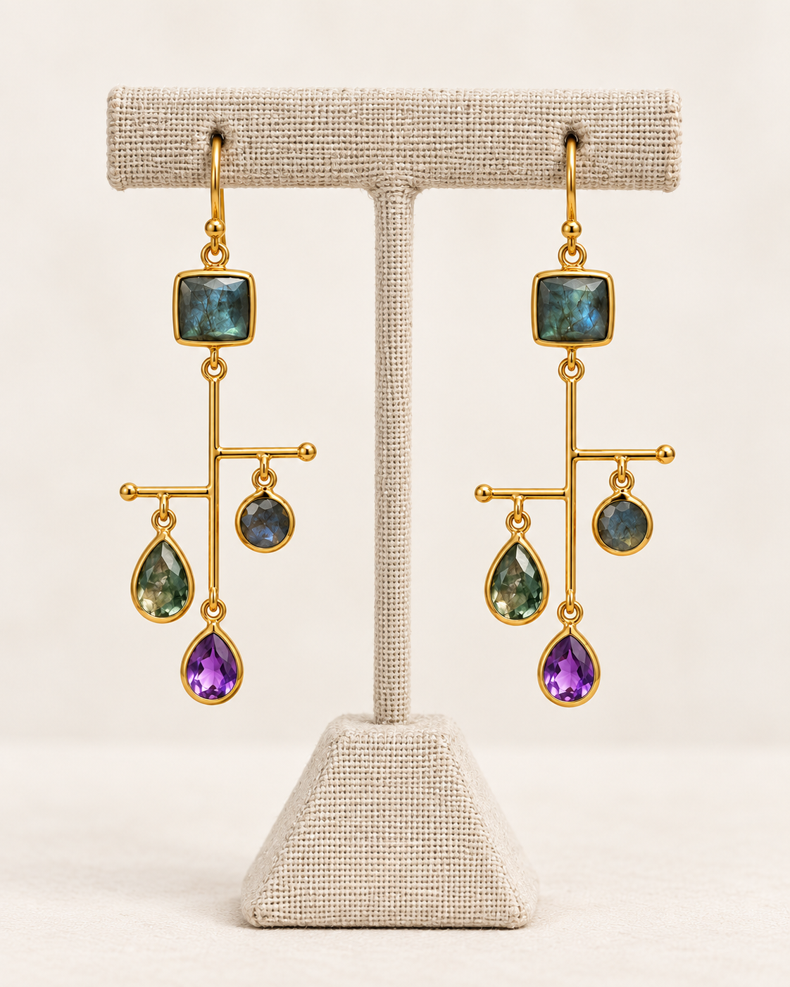 Amethyst, Labradorite & Moss Agate Statement Earrings – 18K Gold Plated 925 Sterling Silver