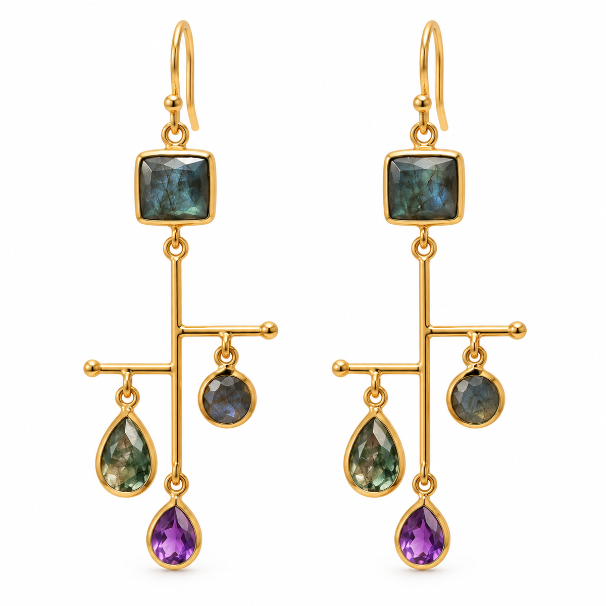 Amethyst, Labradorite & Moss Agate Statement Earrings – 18K Gold Plated 925 Sterling Silver