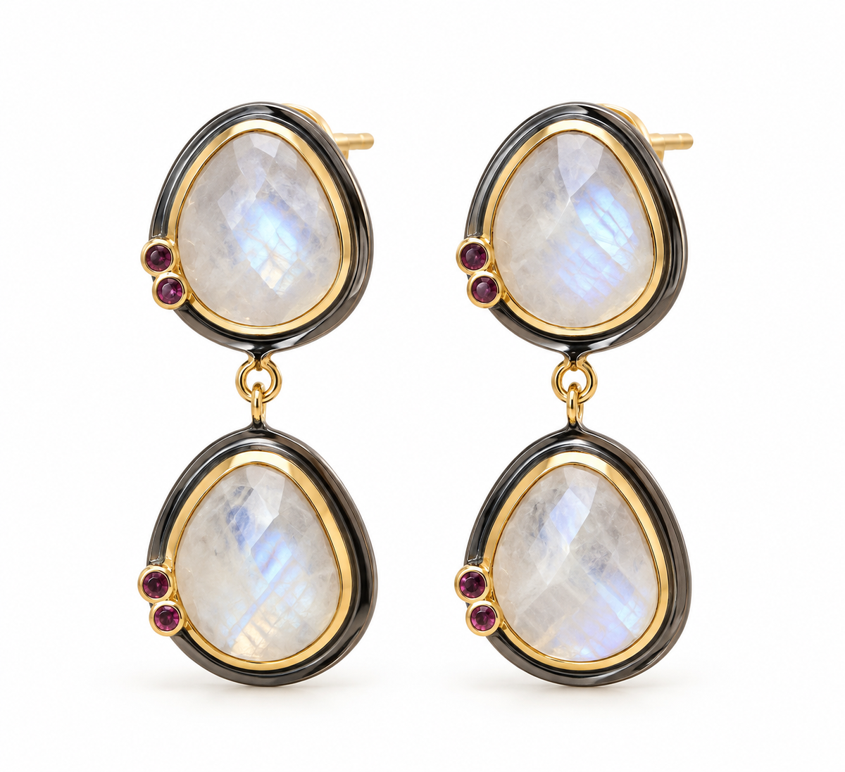 Moonstone Double Drop Earrings – Black Rhodium & 18K Gold Plated 925 Sterling Silver