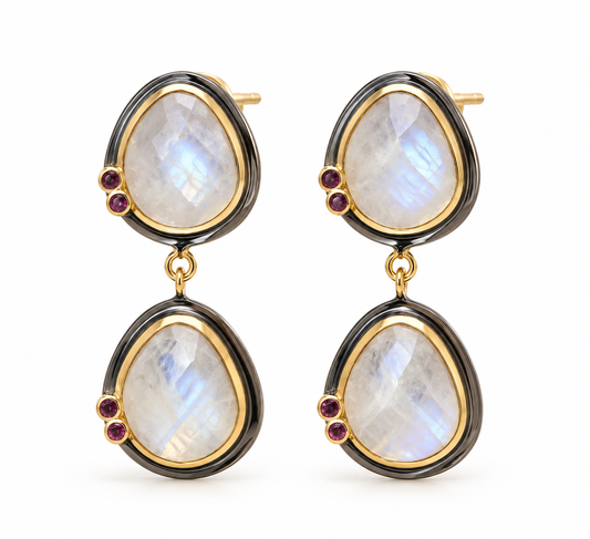 Moonstone Double Drop Earrings – Black Rhodium & 18K Gold Plated 925 Sterling Silver