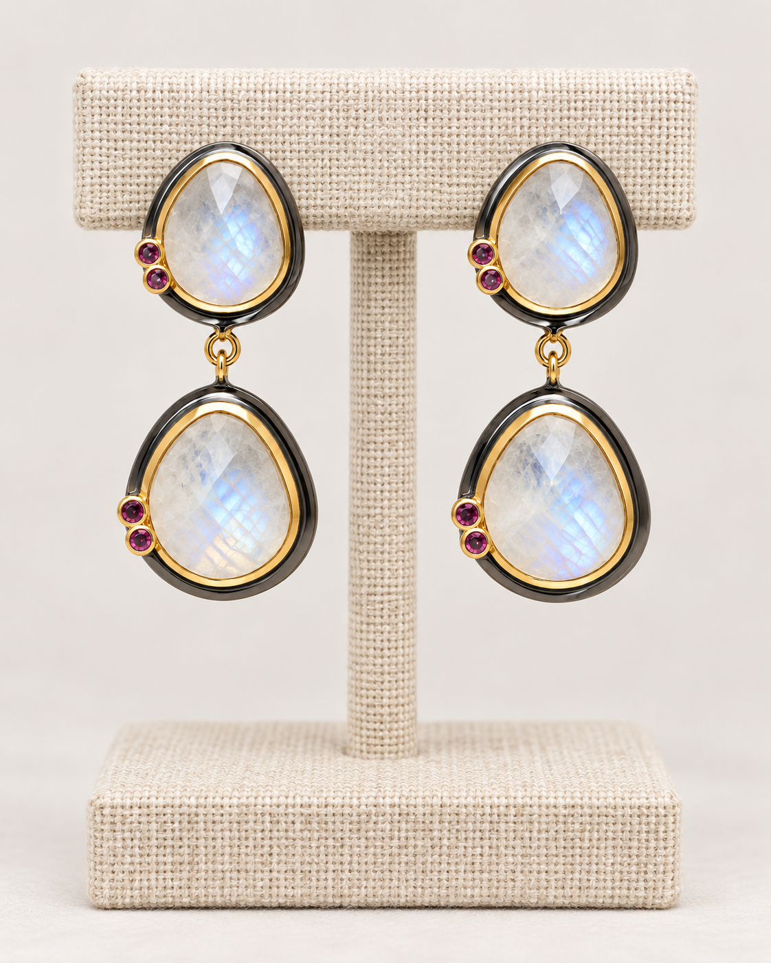 Moonstone Double Drop Earrings – Black Rhodium & 18K Gold Plated 925 Sterling Silver