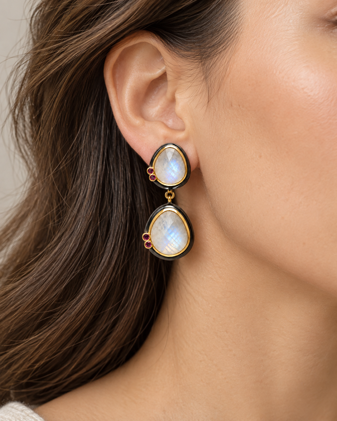 Moonstone Double Drop Earrings – Black Rhodium & 18K Gold Plated 925 Sterling Silver
