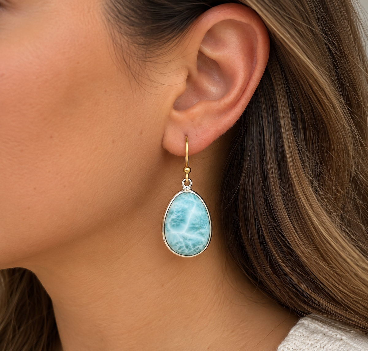 Natural Larimar Teardrop Dangle Earrings – 18K Gold Plated 925 Sterling Silver