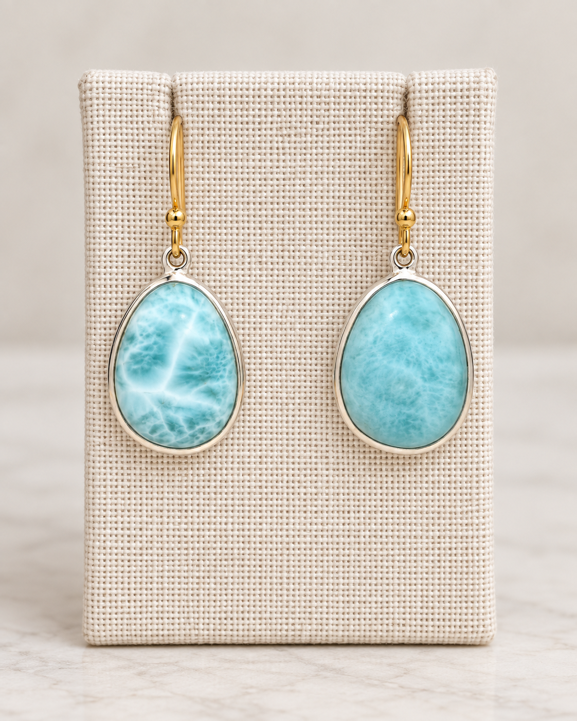 Natural Larimar Teardrop Dangle Earrings – 18K Gold Plated 925 Sterling Silver