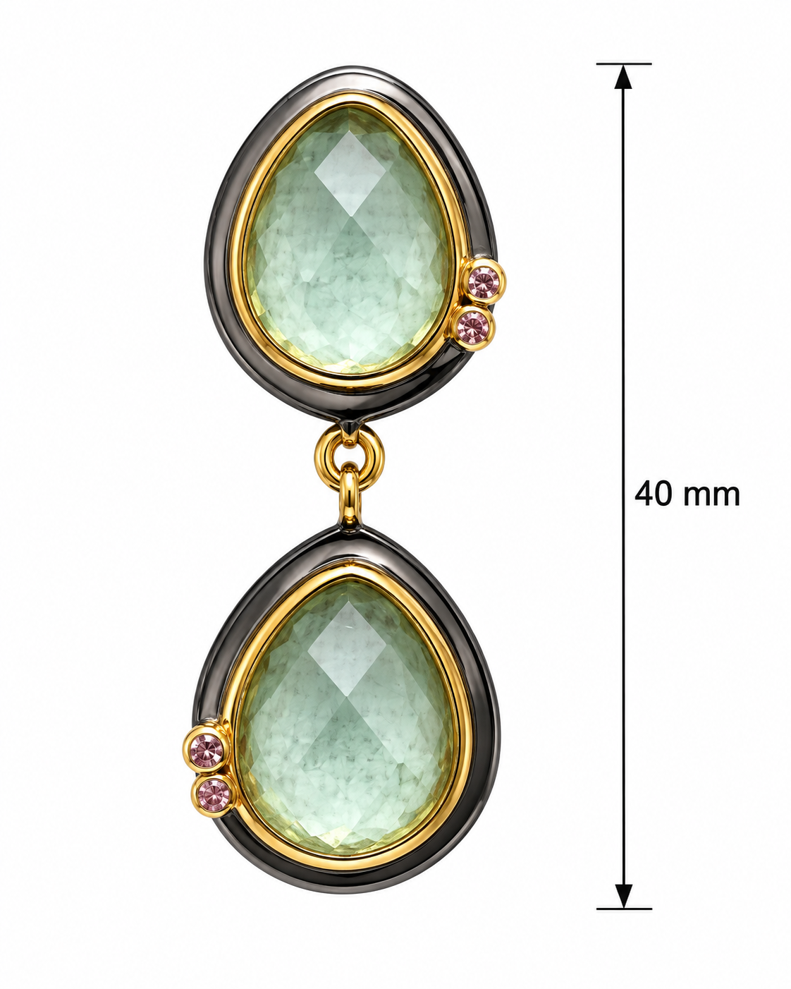 Green Apatite Double Drop Earrings with Pink Tourmaline – Black Rhodium & 18K Gold Plated Sterling Silver