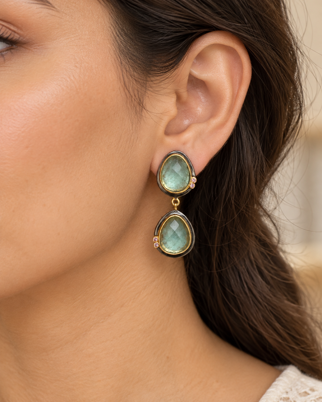 Green Apatite Double Drop Earrings with Pink Tourmaline – Black Rhodium & 18K Gold Plated Sterling Silver