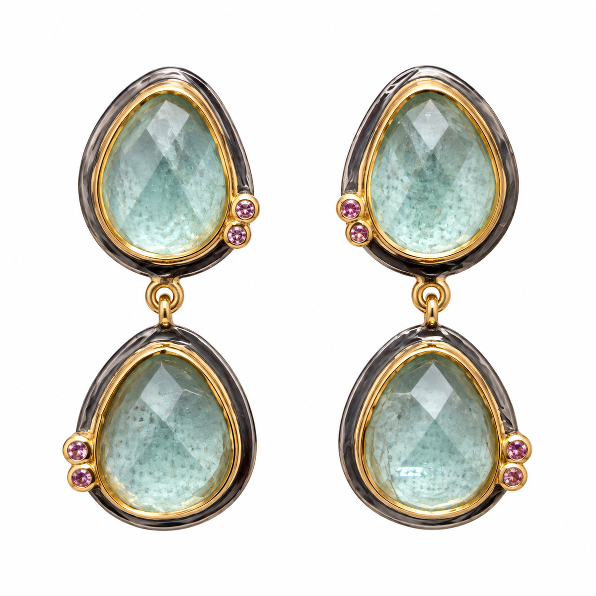 Green Apatite Double Drop Earrings with Pink Tourmaline – Black Rhodium & 18K Gold Plated Sterling Silver