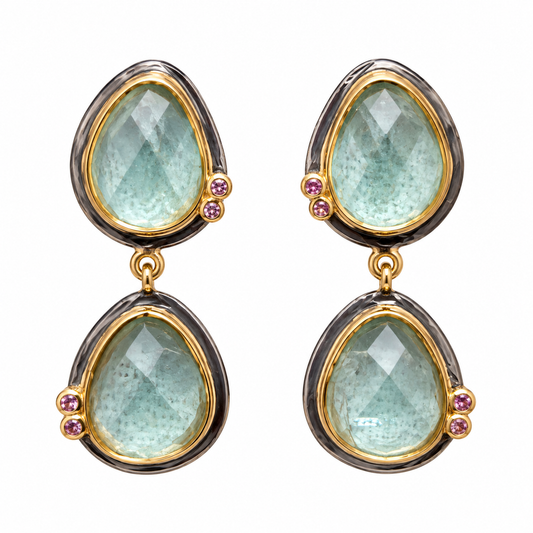 Green Apatite Double Drop Earrings with Pink Tourmaline – Black Rhodium & 18K Gold Plated Sterling Silver