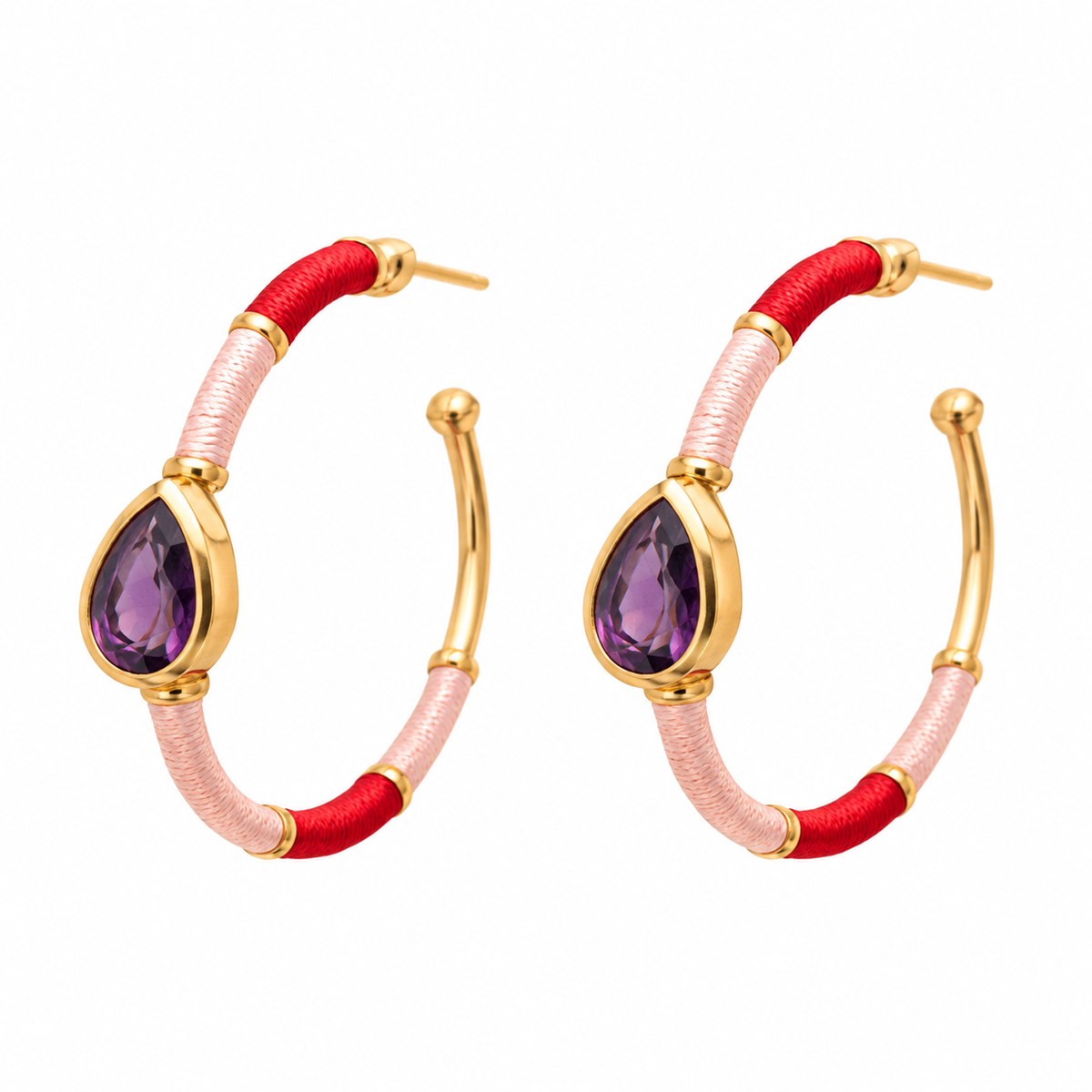 Amethyst Thread-Wrapped Hoop Earrings – 18K Gold Plated 925 Sterling Silver